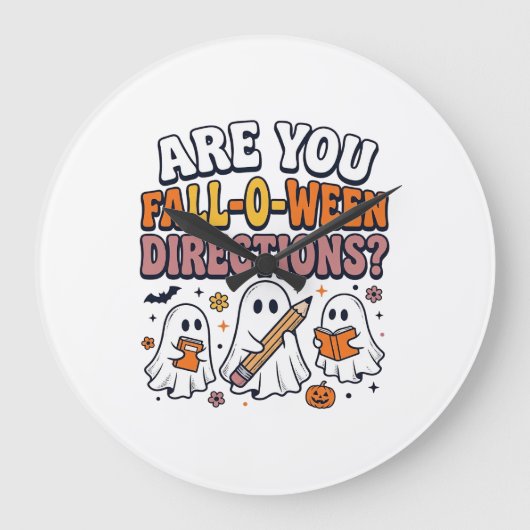楽しい秋のハロウィーン教師の幽霊の指示入りTシャツ ラージ壁時計 (正面)