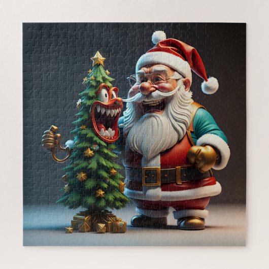 楽しい笑い声のサンタクロースとクリスマスツリー ジグソーパズル (縦)