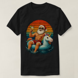 楽しい筋肉サンタユニコーン浮き輪トロピカル Tシャツ