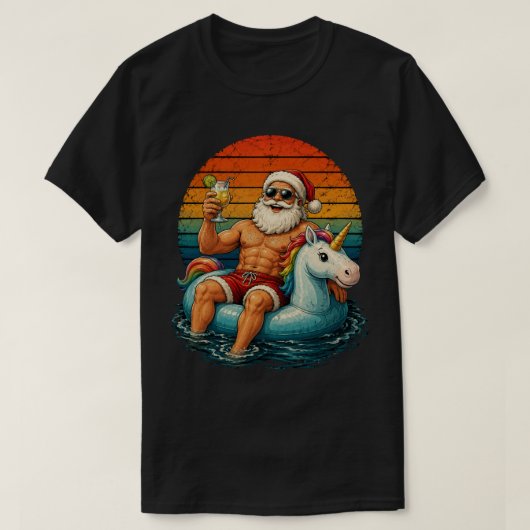 楽しい筋肉サンタユニコーン浮き輪トロピカル Tシャツ (デザイン正面)