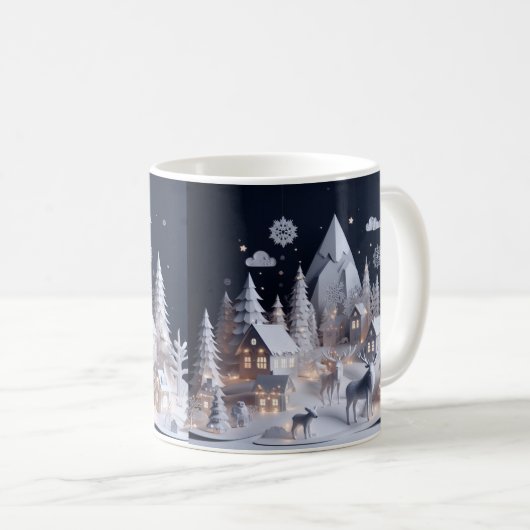 楽しい紙アートスタイル冬の野生動物のシーン コーヒーマグカップ (正面右)