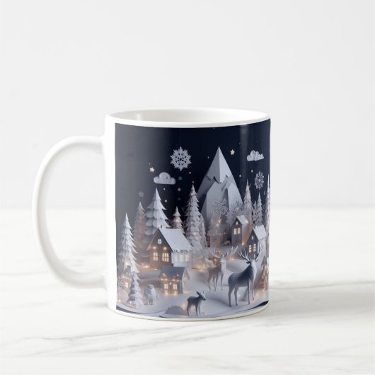 楽しい紙アートスタイル冬の野生動物のシーン コーヒーマグカップ (左)