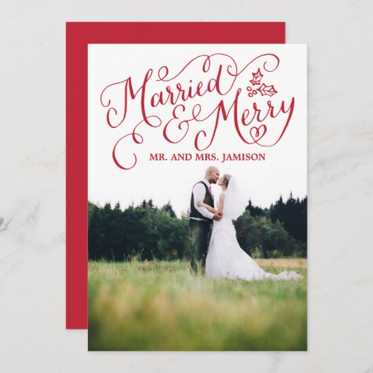 楽しい結婚したとメリーのクリスマス写真カード シーズンカード (正面/裏面)