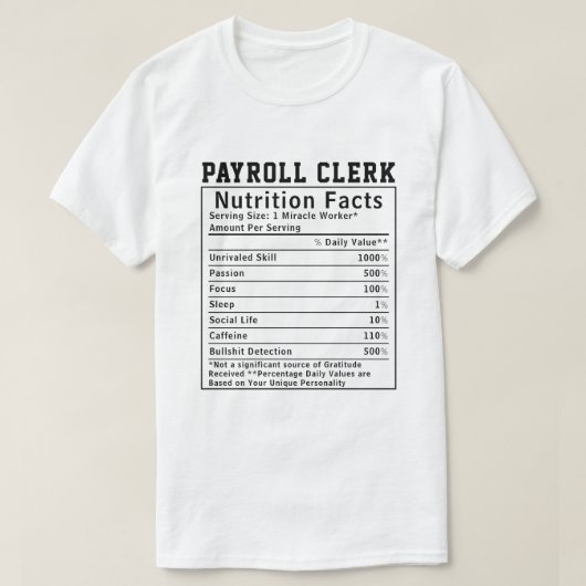 楽しい給与計算係の栄養成分表示 ファイナンスギフト Tシャツ (デザイン正面)