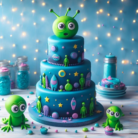 楽しい緑のエイリアンと宇宙をテーマにした子供の誕生日 カード