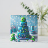 楽しい緑のエイリアンと宇宙をテーマにした子供の誕生日 カード (スタンド正面)