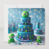 楽しい緑のエイリアンと宇宙をテーマにした子供の誕生日 カード (正面)
