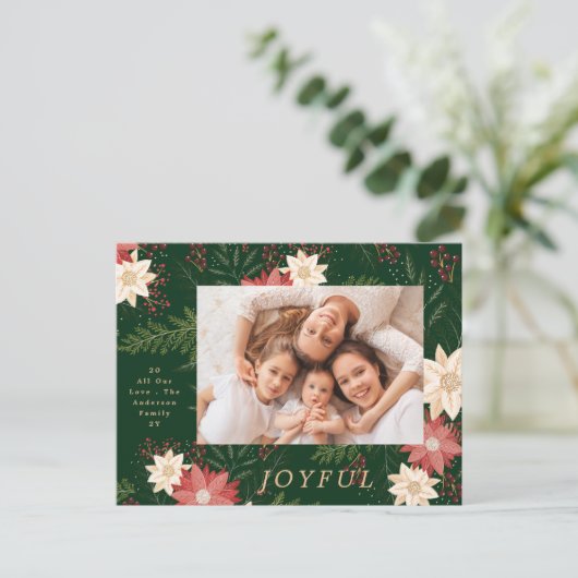 楽しい緑のエレガントクリスマスポインセチア シーズンポストカード (スタンド正面)