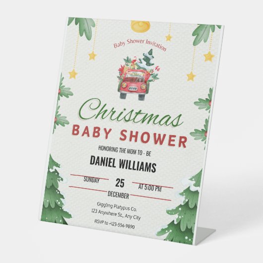 楽しい緑のクリスマスのおもちゃドライブ赤ちゃんシャワー 台座サイン (正面)