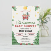 楽しい緑のクリスマスのおもちゃドライブ赤ちゃんシャワー 招待状 (スタンド正面)