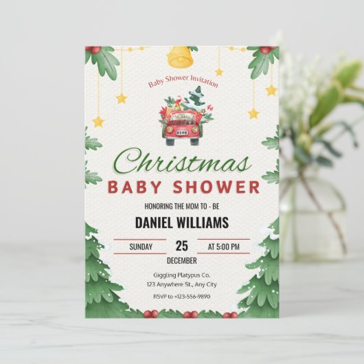 楽しい緑のクリスマスのおもちゃドライブ赤ちゃんシャワー 招待状 (スタンド正面)