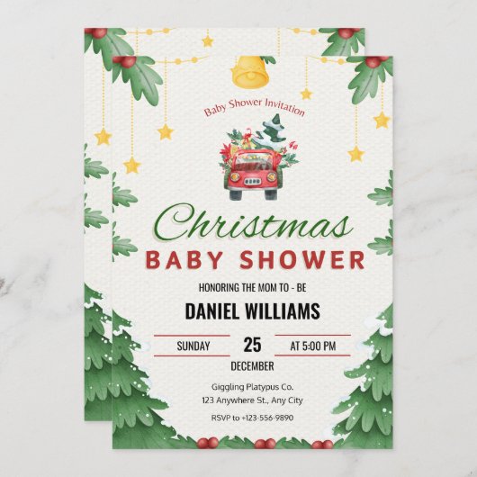 楽しい緑のクリスマスのおもちゃドライブ赤ちゃんシャワー 招待状 (正面/裏面)