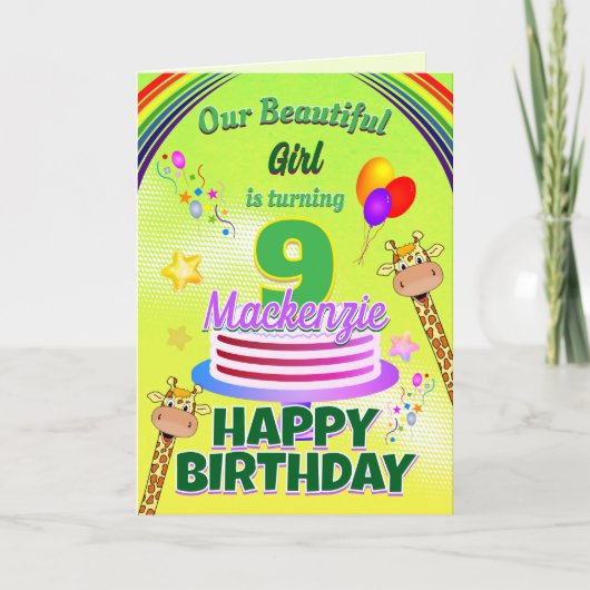 楽しい緑色の ハッピーバースデー 9歳の誕生日 キリンと風船 カード (正面)