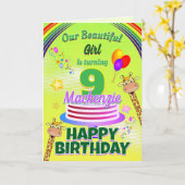 楽しい緑色の ハッピーバースデー 9歳の誕生日 キリンと風船 カード (黄色い花)