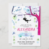 楽しい色のジップラインガール屋外誕生日ウォーターカラー 招待状 (正面)