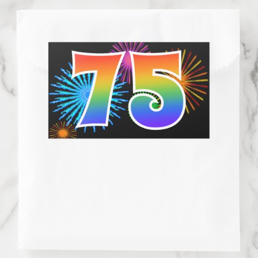 楽しい花火 + レインボーパターン "75" イベント番号 長方形シール (バッグ)