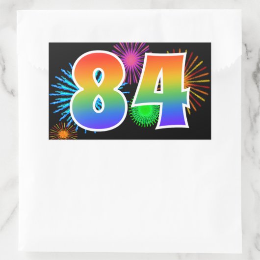 楽しい花火 + レインボーパターン "84" イベント番号 長方形シール (バッグ)
