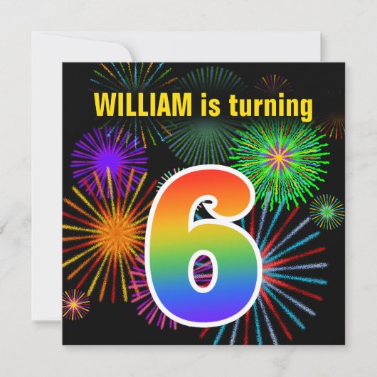 楽しい花火+虹のパターン「6」お誕生日おめでとう# 招待状 (正面)