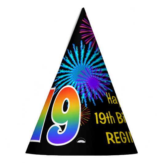 楽しい花火+虹のパターン "19" 誕生日 # パーティーハット (左)