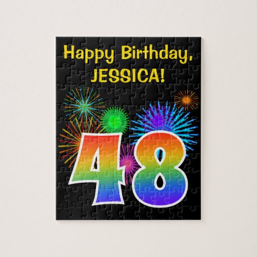 楽しい花火 + 虹のパターン "48" 誕生日 # ジグソーパズル (縦)
