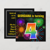 楽しい花火 + 虹のパターン "4" 誕生日 # 招待状 (正面/裏面)