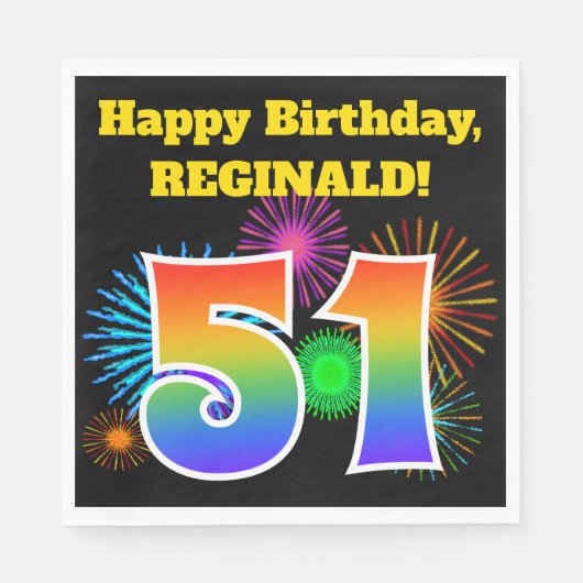 楽しい花火 + 虹のパターン "51" 誕生日 # スタンダードランチョンナプキン (正面)
