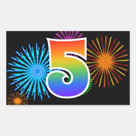 楽しい花火 + 虹のパターン「5」イベント番号 長方形シール (正面)