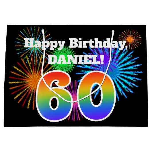 楽しい花火 + 虹のパターン「60」誕生日 # ラージペーパーバッグ (正面)