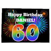 楽しい花火 + 虹のパターン「60」誕生日 # ラージペーパーバッグ (裏面)