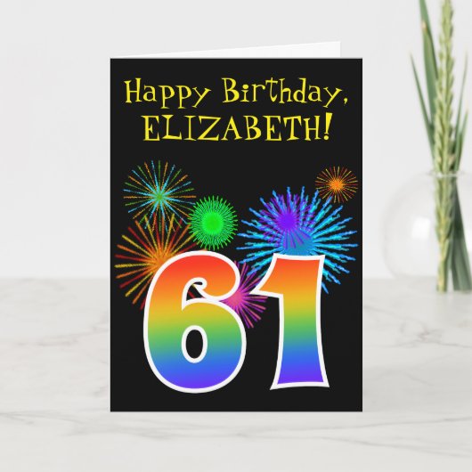 楽しい花火 + 虹のパターン "61" 誕生日 # カード (正面)