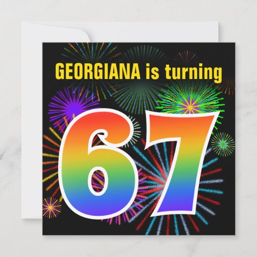 楽しい花火 + 虹のパターン「67」誕生日 # 招待状 (正面)