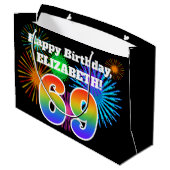 楽しい花火 + 虹のパターン "69" 誕生日 # ラージペーパーバッグ (裏面アングル)