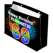 楽しい花火 + 虹のパターン "69" 誕生日 # ラージペーパーバッグ (正面アングル)