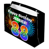 楽しい花火 + 虹のパターン "88" 誕生日 # ラージペーパーバッグ (裏面アングル)