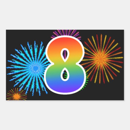 楽しい花火 + 虹のパターン「8」イベント番号 長方形シール (正面)