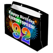 楽しい花火 + 虹のパターン "92" 誕生日 # ラージペーパーバッグ (裏面アングル)