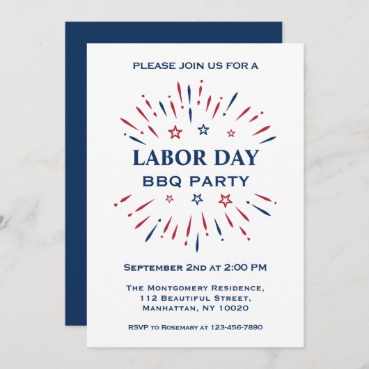 楽しい花火 赤 白 青 アメリカ独立記念日 BBQ パーティー 招待状 (正面/裏面)