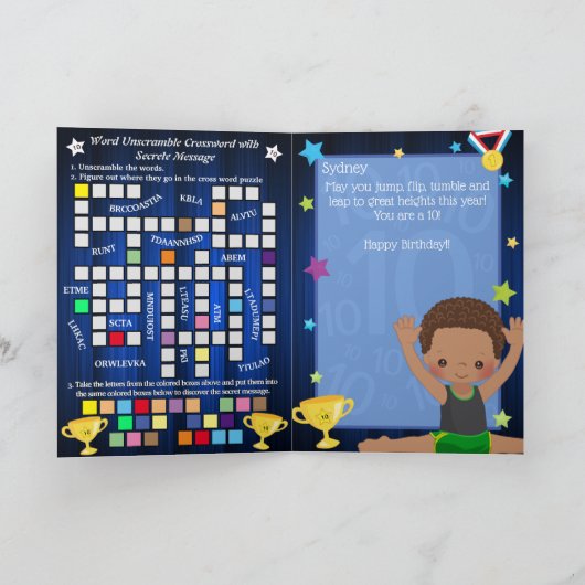 楽しい茶色の少年体操の秘密メッセージの誕生日 カード (内部)