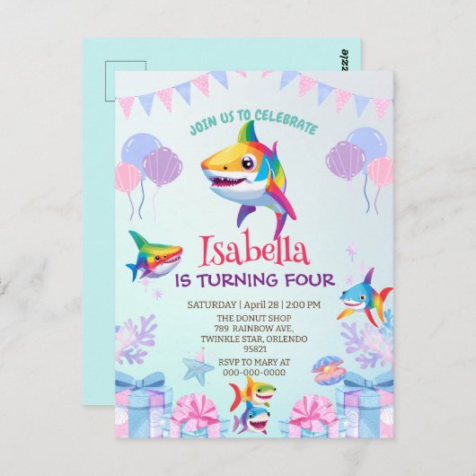 楽しい虹のサメの誕生日風船パーティー家族 ポストカード (正面/裏面)