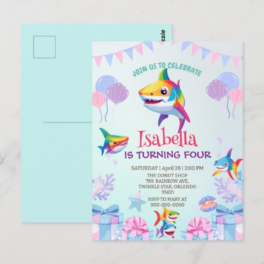 楽しい虹色のサメの誕生日風船パーティー 家族 ポストカード (正面/裏面)