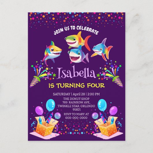 楽しい虹色のサメの風船誕生日パーティーの少年 ポストカード (正面)