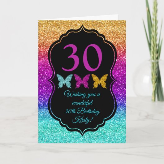 楽しい虹色の輝き グリッター 誕生日 カード (正面)