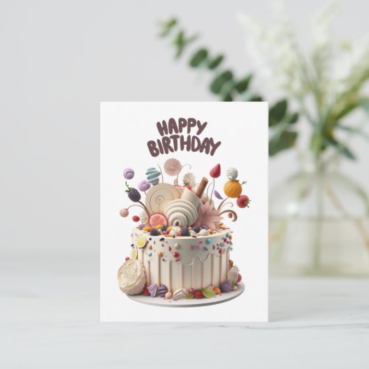 楽しい誕生日のおいしいケーキ ポストカード (スタンド正面)