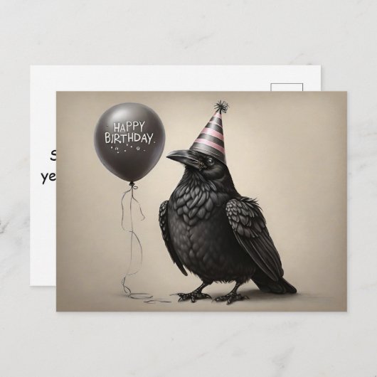 楽しい誕生日の風船を見つめる黒い鳥のチャコール画 ポストカード (正面/裏面)