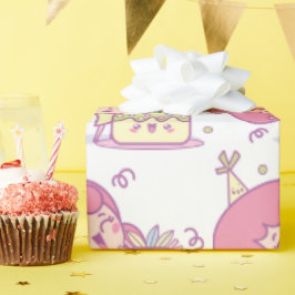 楽しい誕生日ギフトラッピング ケーキと帽子の女の子テーマ ラッピングペーパー