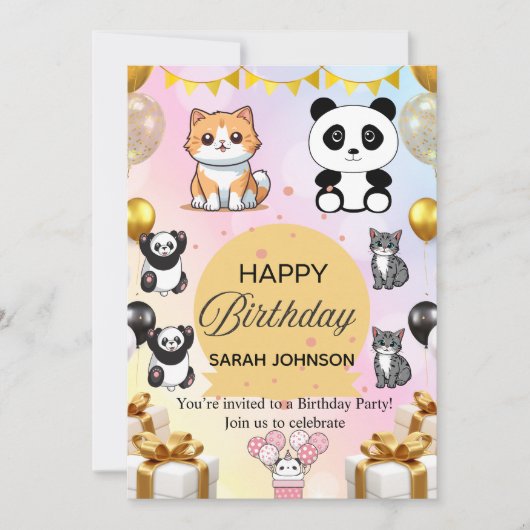 楽しい誕生日パーティーの招待状 | カラフル モダン 招待状 (正面)
