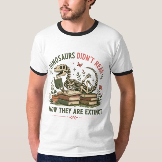 楽しい読書恐竜化石本好きユーモア Tシャツ (正面)