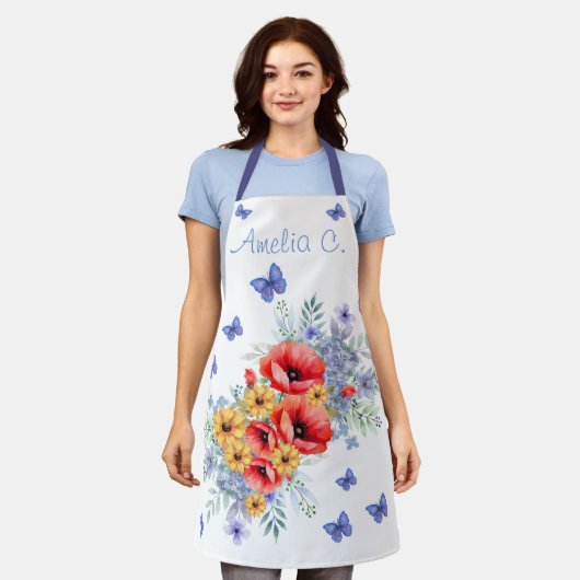 楽しい赤いケシ、ヒマワリと蝶 エプロン (着用した状態)