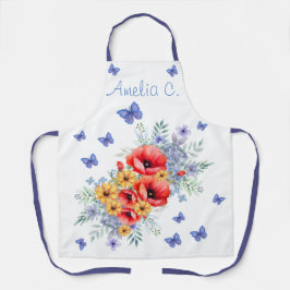 楽しい赤いケシ、ヒマワリと蝶 エプロン