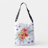 楽しい赤いケシ、ヒマワリと蝶 クロスボディバッグ (裏面)